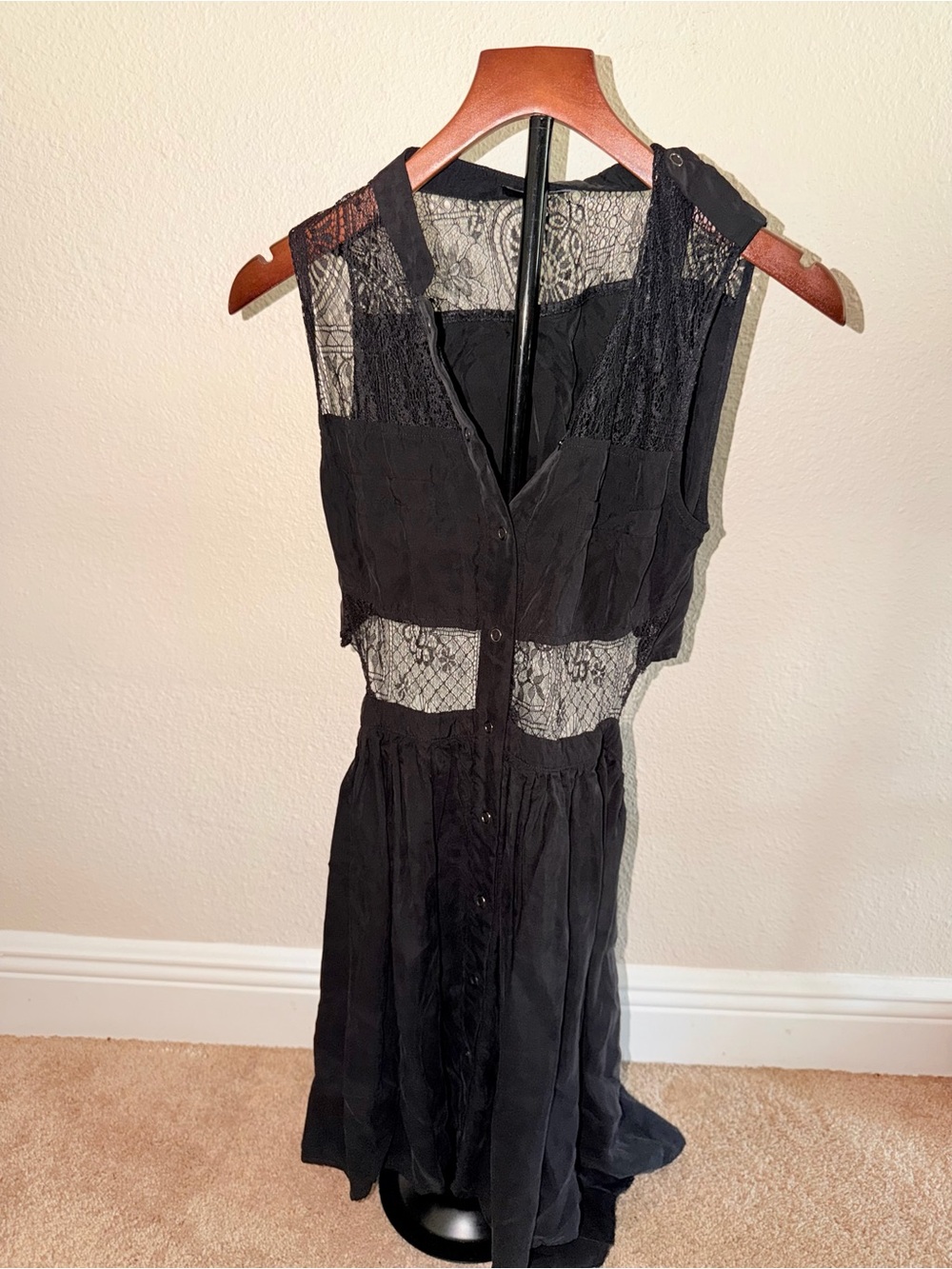 Black Lace-Panel Midi Dress with Button Front